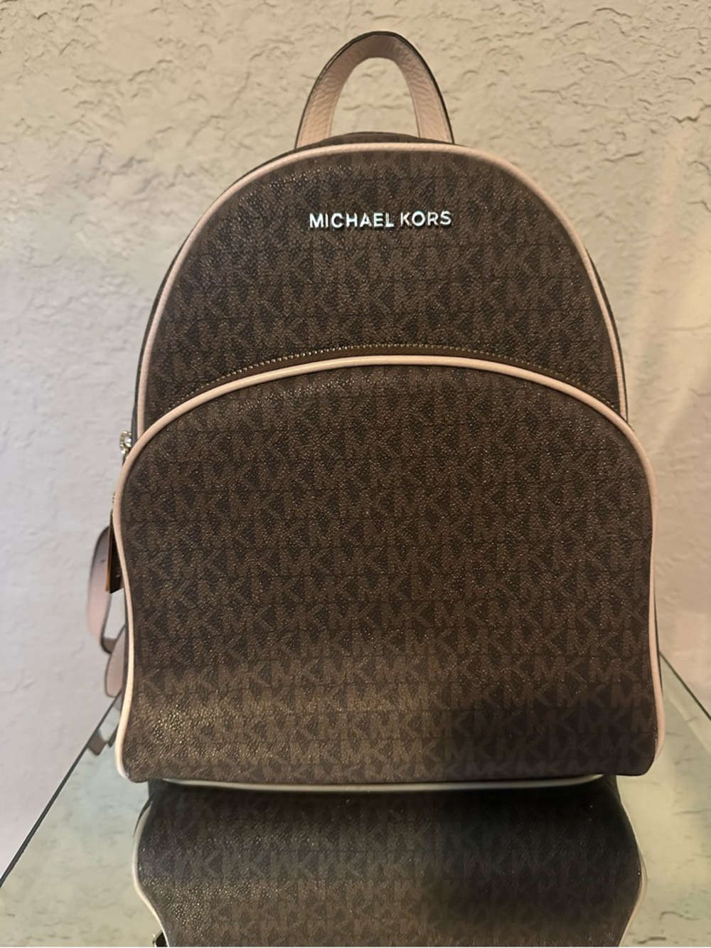 Michael Kors Brown Logo Backpack with Light Pink Trim